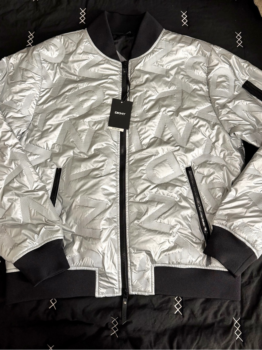 DKNY Silver Quilted Logo-Texture Bomber Jacket with Black Trim